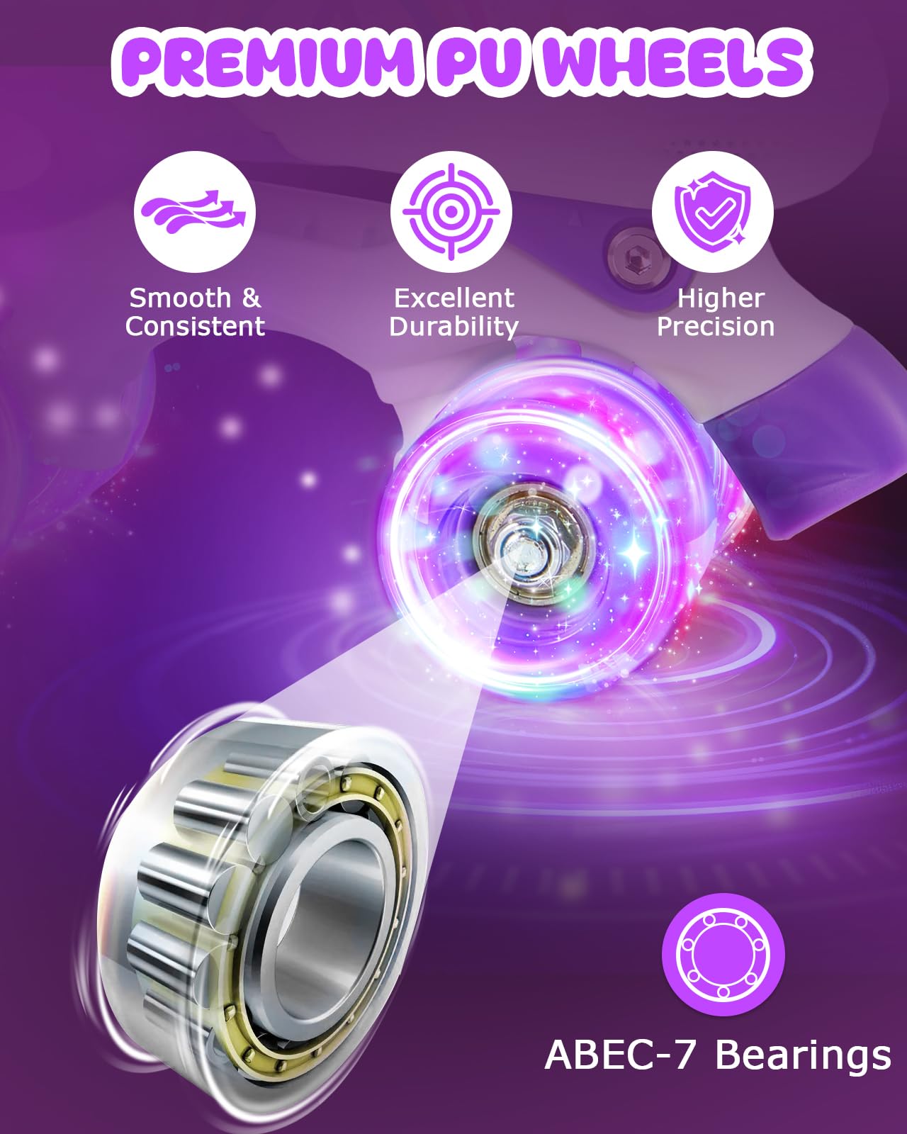 Hozzen Girls Roller Skates for Kids - 4 Size Adjustable Light Up Quad Skates for Girls - Rainbow Purple Shiny Illuminating Children Roller Skates for