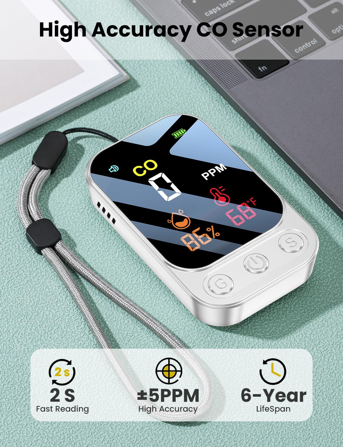 LSENLTY Portable Carbon Monoxide Detectors, 3 in 1 CO Detector(Humidity, Temperature and CO Value), 72 Hours Standby Time, 0-999 PPM CO Detector Range, CO Detectors for Camping Travel