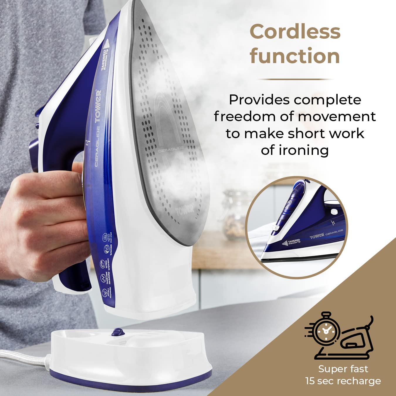 Tower T22008 CeraGlide Cordless Steam Iron with Ceramic Soleplate and Variable Steam Function, 2400 W, Purple