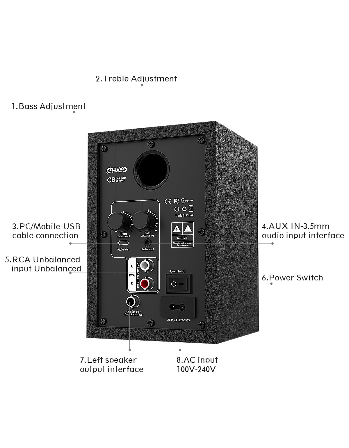 OHAYO C6 Bookshelf Speakers with 60W Peak Power, Stereo 2.0, Active Bluetooth 5.3, RCA/AUX/USB Input,Integrated Sound Card for Music and Gaming, PC Speakers for Desktop PC,TV or Laptop, Black