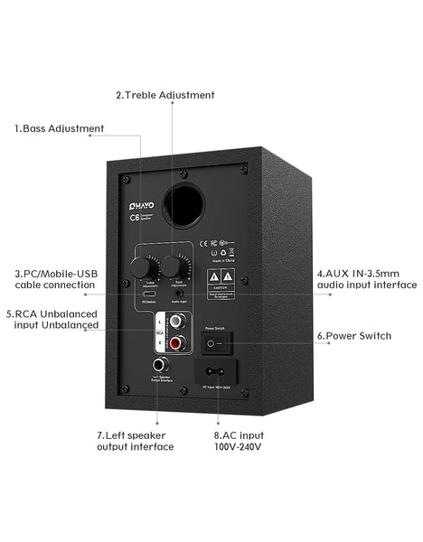 OHAYO C6 Bookshelf Speakers with 60W Peak Power, Stereo 2.0, Active Bluetooth 5.3, RCA/AUX/USB Input,Integrated Sound Card for Music and Gaming, PC Speakers for Desktop PC,TV or Laptop, Black