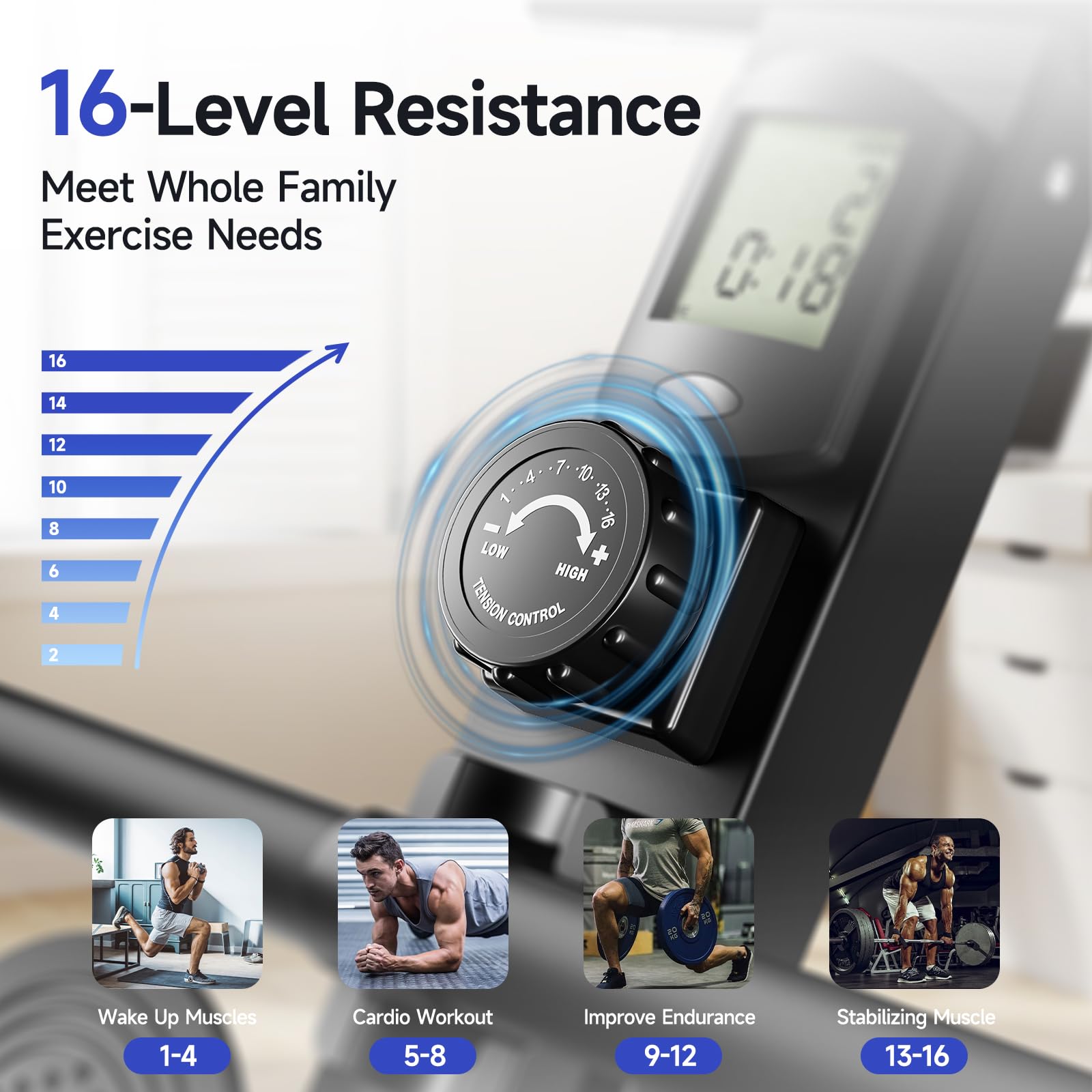 YPOO Rowing Machines, Magnetic Rowing Machines for Home Gym, 16 Levels Resistance Rowing Machine Foldable Quiet with Dual Slide Rail, 350lb Folding Rowing Machine with LCD Display Seat Cushion & App