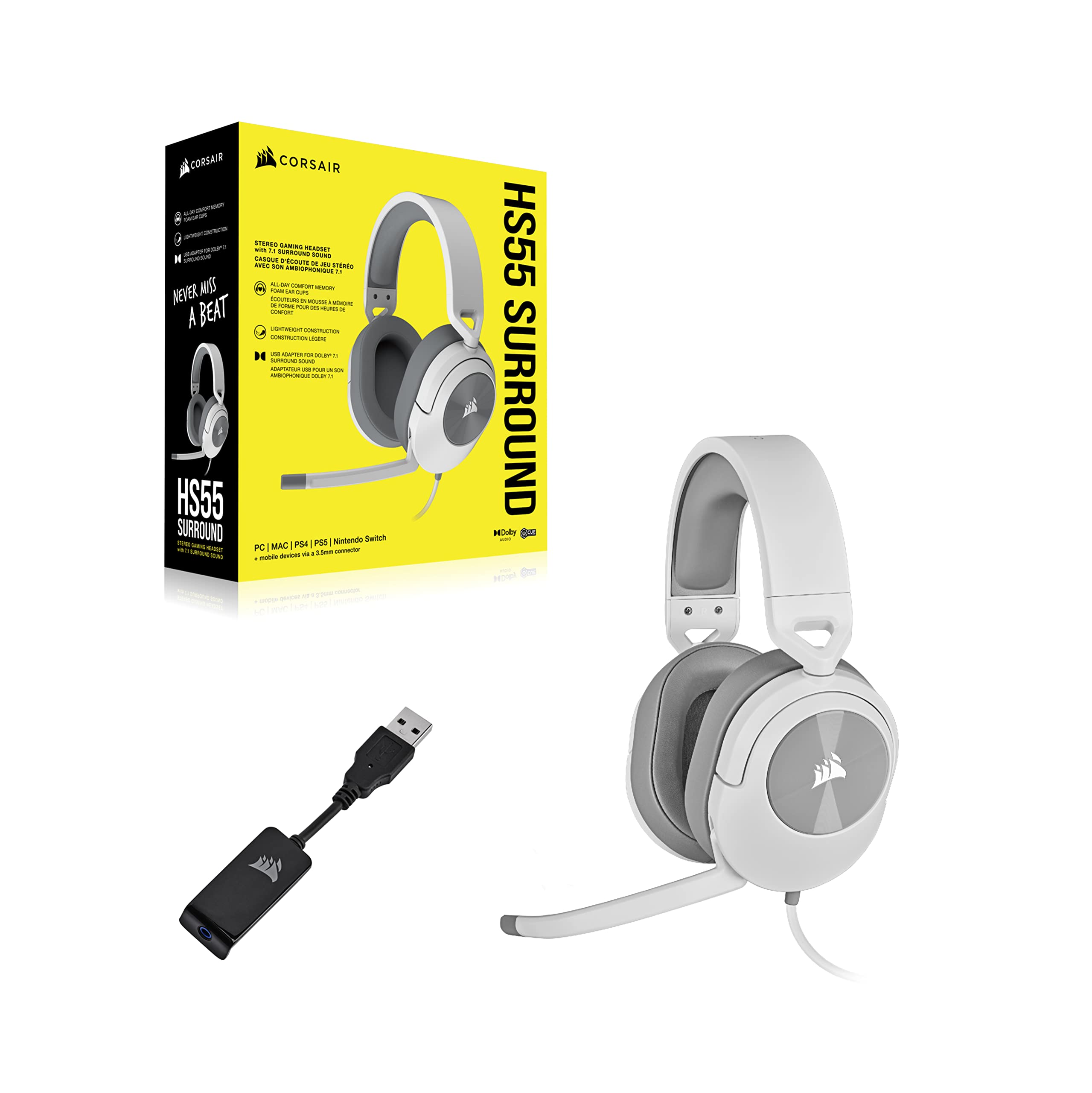 CORSAIR HS55 SURROUND Lightweight Multiplatform Wired Gaming Headset – Dolby 7.1 Surround Sound – iCUE Compatible – PC, Mac, PS5, PS4, Xbox, Nintendo Switch, Mobile – Carbon