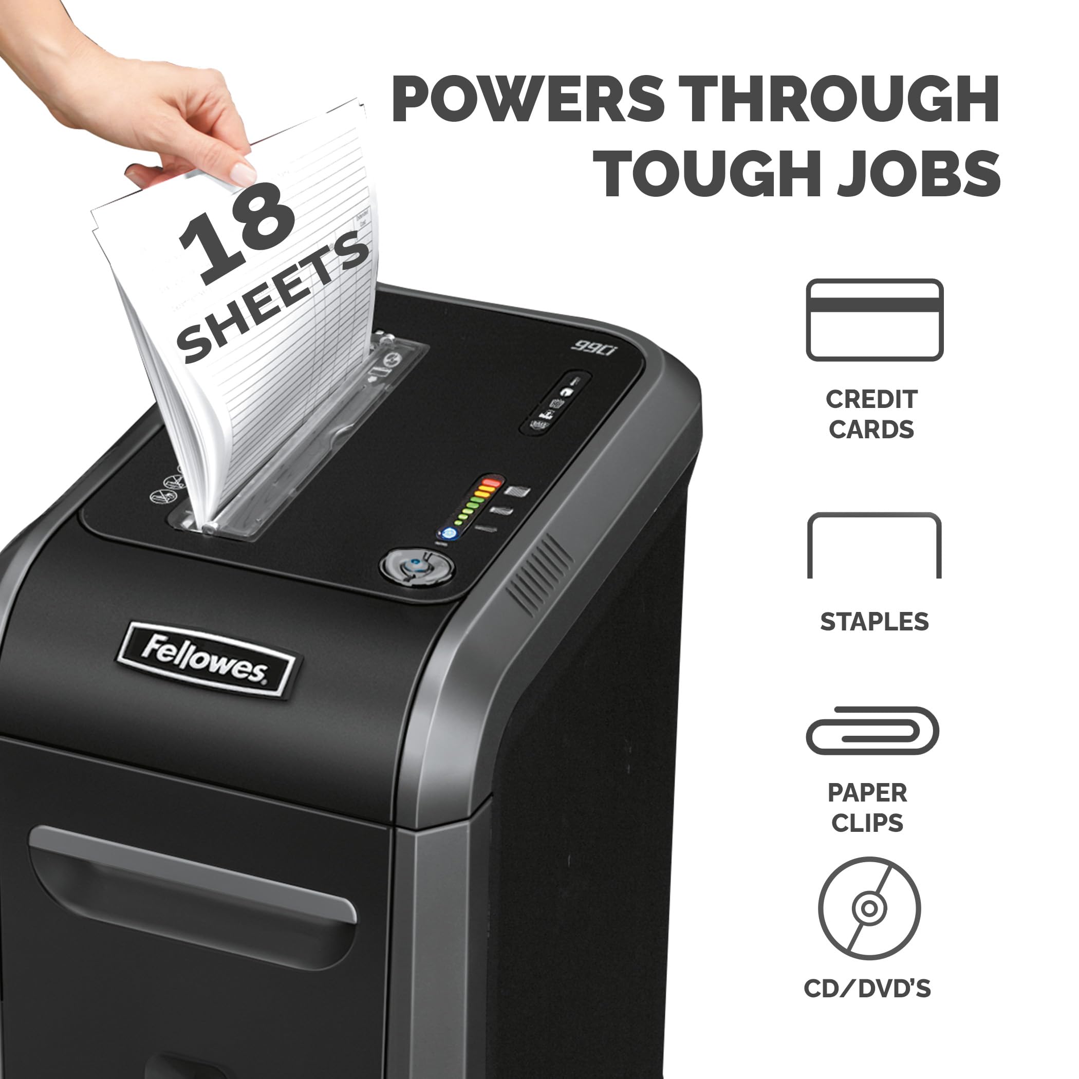 Fellowes 18 Sheet Paper Shredder for Office Use - 100% Jam Proof Cross Cut Shredder - 99Ci Shreds for 30 Minutes - Powershred Office Shredder with Large 34 Litre Pull-Out Bin - DIN Level P4 - Black