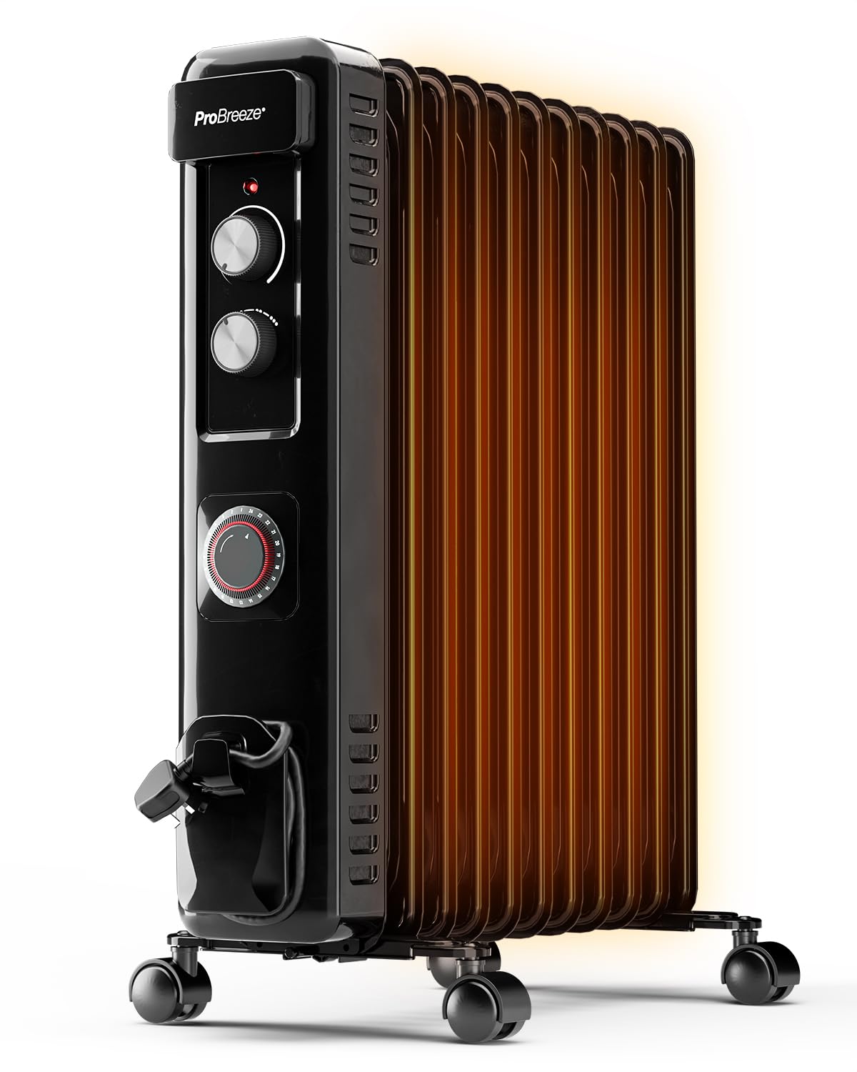 Pro Breeze Oil Filled Radiator with 11 Fins - Slim Electric Radiator - Portable Oil Heater with Built-in 24 Hour Timer, 3 Heat Settings, Adjustable Thermostat (White)