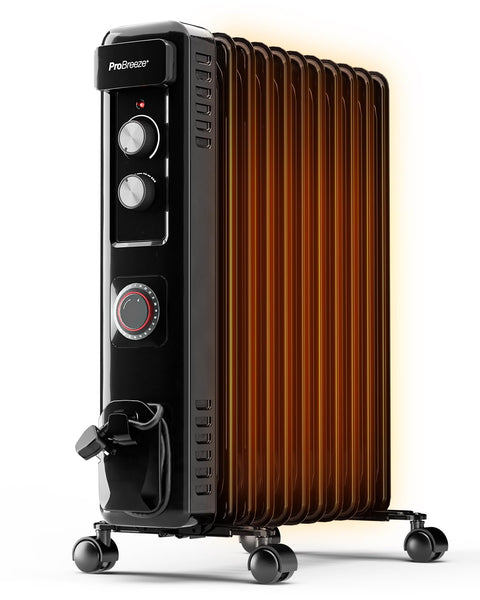 Pro Breeze Oil Filled Radiator with 11 Fins - Slim Electric Radiator - Portable Oil Heater with Built-in 24 Hour Timer, 3 Heat Settings, Adjustable Thermostat (White)