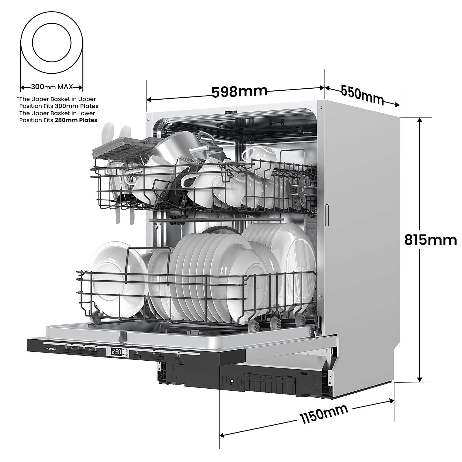 COMFEE' Freestanding Dishwasher FD1435E-X with 14 place settings, Full Size, Whisper Quiet 44dB, Wide LED Display, Delay Start, Half Load Function, Flexible Racks, Stainless Steel