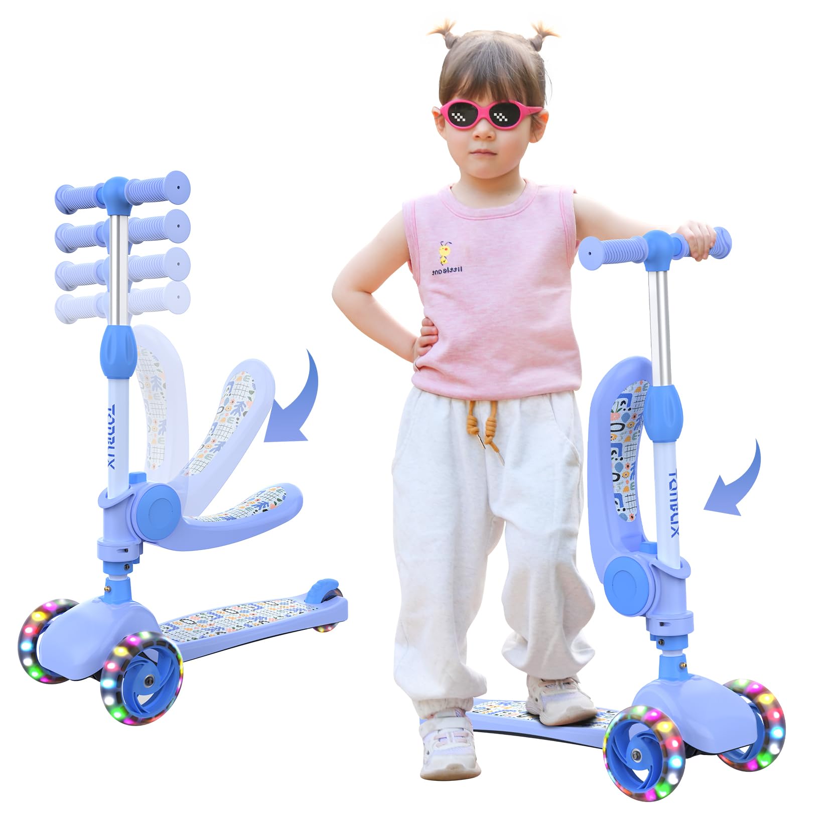 3 Wheel Scooter for Kids Girls Toddler Boys, TONBUX Kids Scooter With Big Wheels, Flashing LED Lights, 4 Levels Height Adjustable, Wide Deck, Foldable