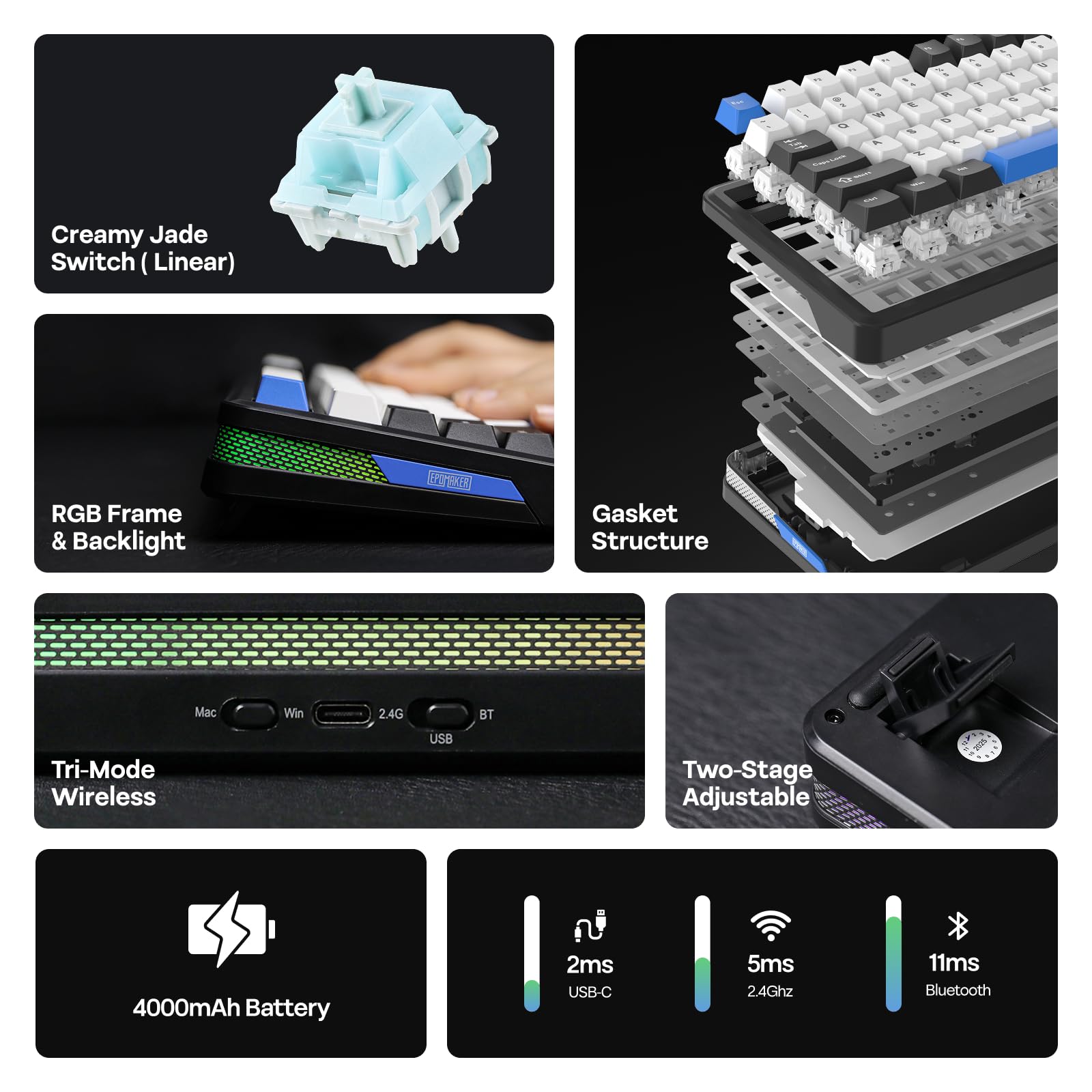 EPOMAKER TH85 QMK/VIA Mechanical Gaming Keyboard, BT/2.4Ghz Wireless, RGB, Hot-Swappable & Programmable Keys in US 75% Layout (Black&White, Creamy Jade Switch)