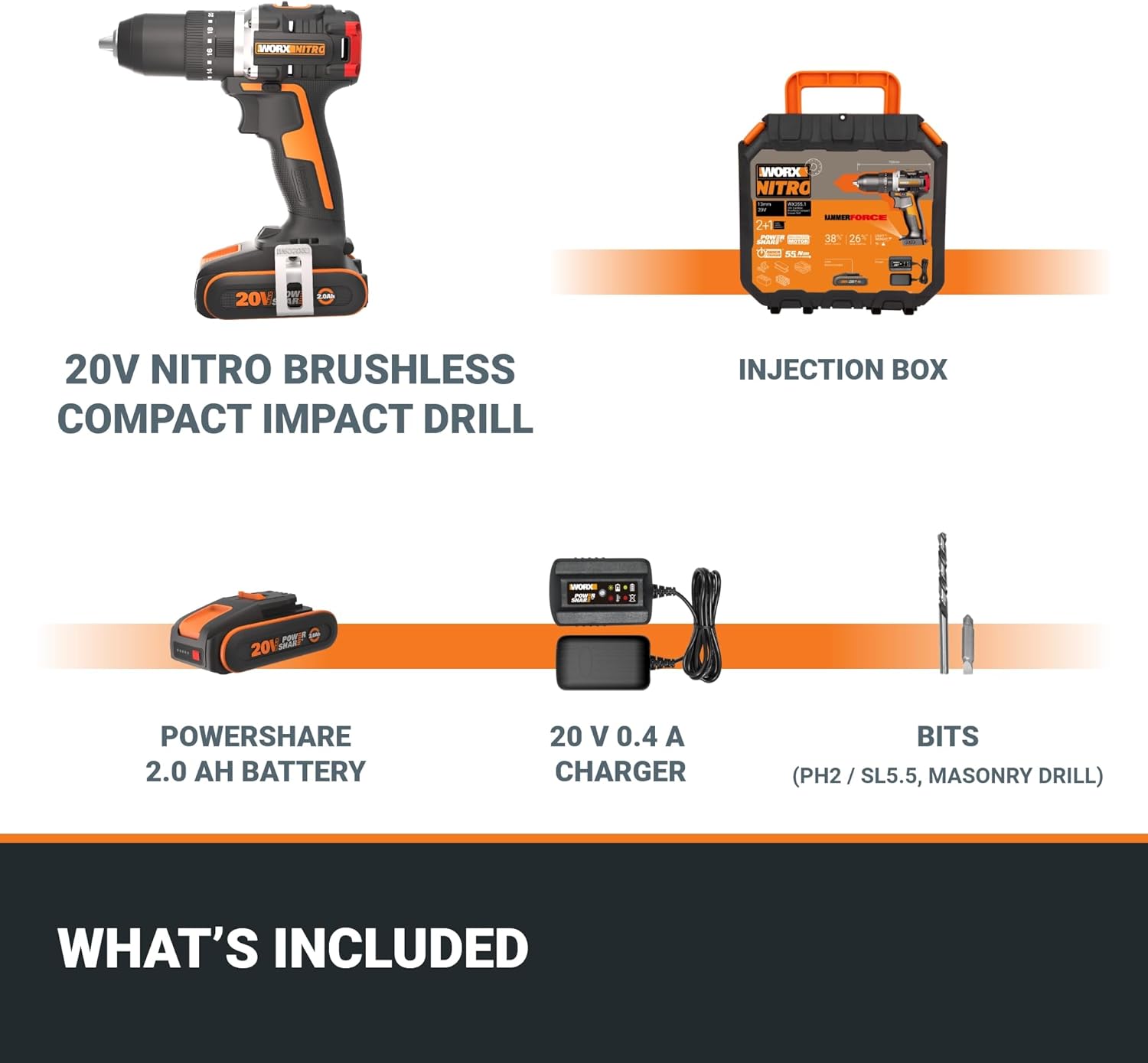 WORX WX355.1 20V 55Nm Cordless Brushless Combi Hammer Impact Drill with 2.0Ah Battery, Charger & Case (20 Torque Settings)