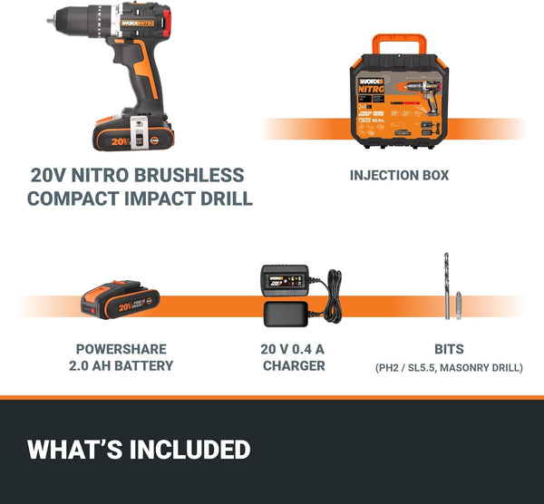WORX WX355.1 20V 55Nm Cordless Brushless Combi Hammer Impact Drill with 2.0Ah Battery, Charger & Case (20 Torque Settings)