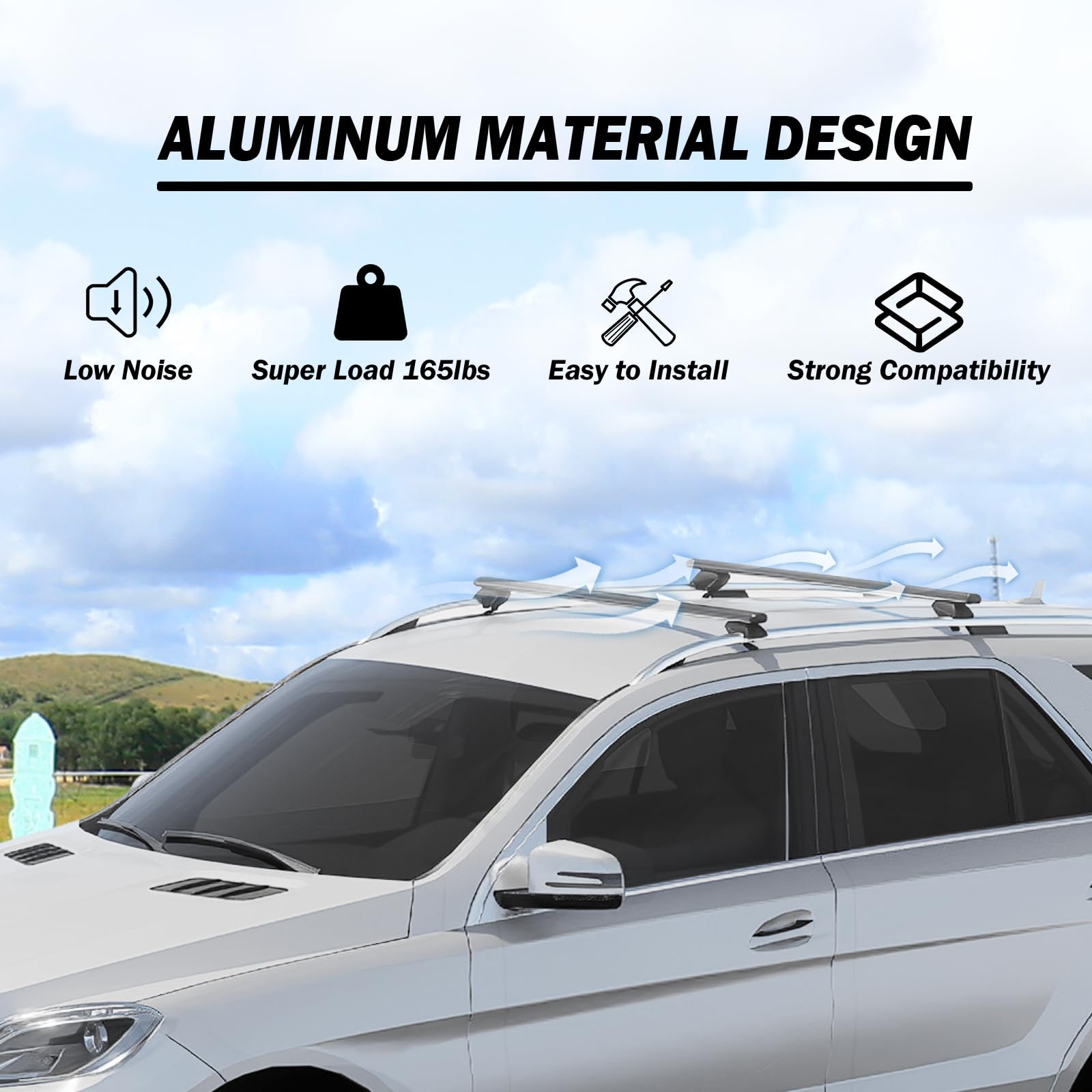 COWVIE 135cm Roof Rack Cross Bars, Adjustable Aluminum Roof Bars, Fits Most Existing Raised Side Rails with Gap - White