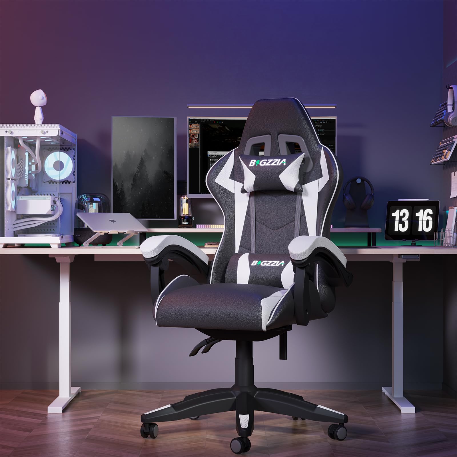 Gaming Chair, Ergonomic Gaming Chair with Heated Seat, Height Adjustable Reclining Video Game Chair with Headrest and Lumbar Support, Big and Tall Gaming Chair for Adults (Basics, Black/Grey)