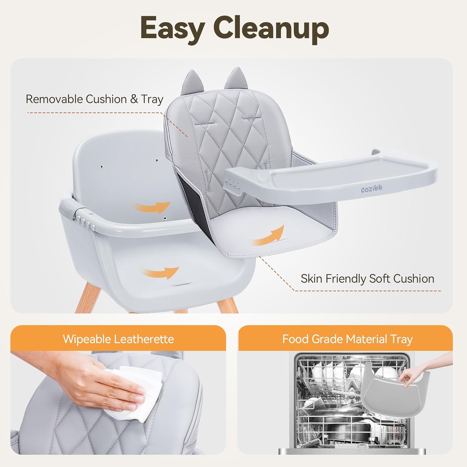 CoziBB 4 in 1 Highchair with Cat Ear, Removable 3-Position Tray, 5-Point Safety Belt Convertible Multifunctional High Chair with Removable Legs, Wooden Feeding Chair for Baby Infant Toddler (6 M-2 Y)