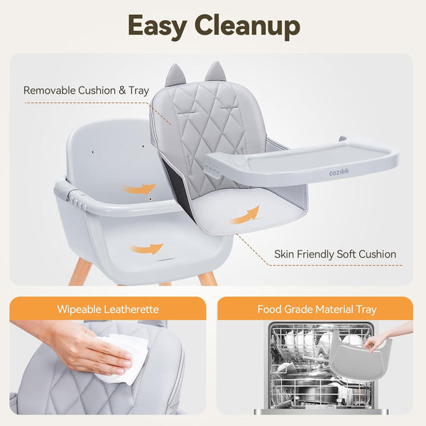 CoziBB 4 in 1 Highchair with Cat Ear, Removable 3-Position Tray, 5-Point Safety Belt Convertible Multifunctional High Chair with Removable Legs, Wooden Feeding Chair for Baby Infant Toddler (6 M-2 Y)