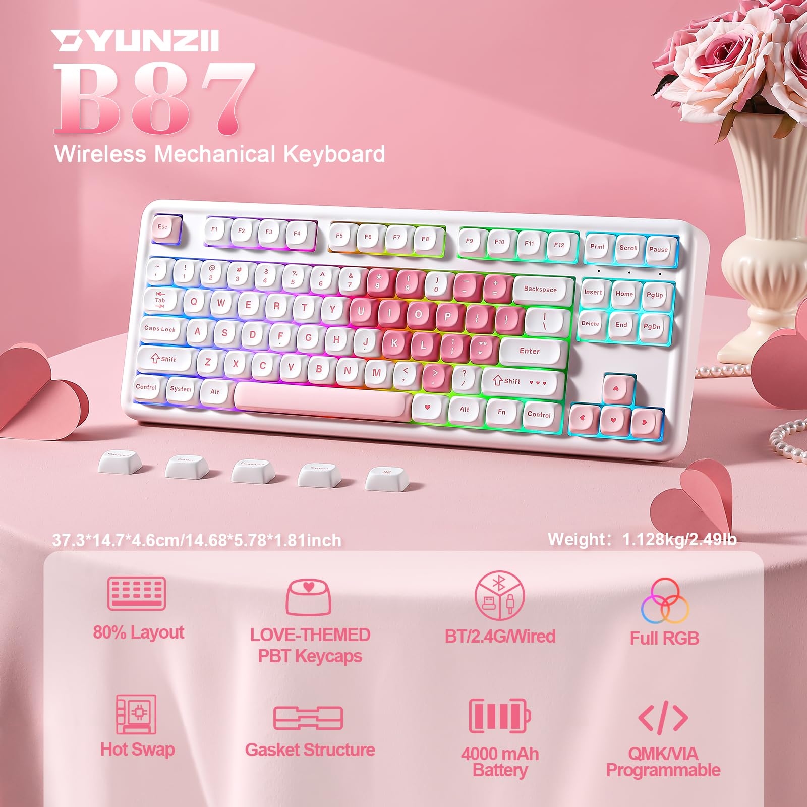 YUNZII B87 Wireless Mechanical Keyboard,QMK/VIA Software Custom Gaming,Gasket RGB Keyboard with Cute MOA Keycaps,Wrist Rest,BT5.0/2.4G/USB-C NKRO for Win/Mac (butter, milk v2 linear)