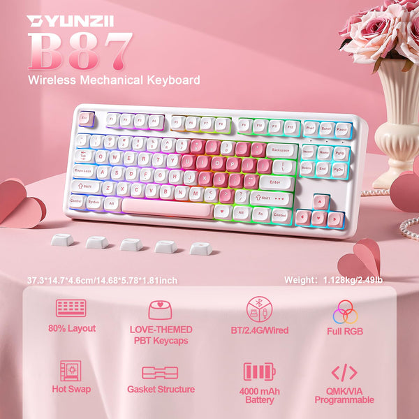 YUNZII B87 Wireless Mechanical Keyboard,QMK/VIA Software Custom Gaming,Gasket RGB Keyboard with Cute MOA Keycaps,Wrist Rest,BT5.0/2.4G/USB-C NKRO for Win/Mac (butter, milk v2 linear)