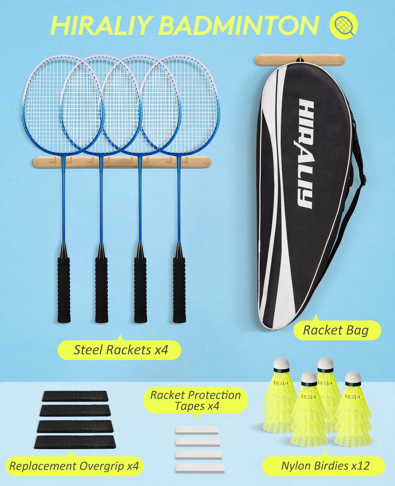 HIRALIY Badminton Rackets Set of 4 for Outdoor Backyard Games, Including 4 Rackets, 12 Nylon Shuttlecocks, 4 Replacement Grip Tapes and 1 Carrying Bag
