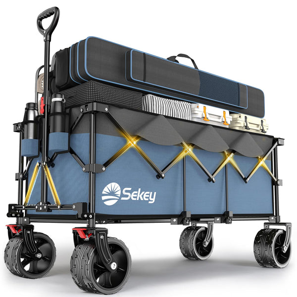 Sekey 200L Folding Festival Trolley with All-Terrain Extra Wide Wheels and Brake, Heavy-Duty Cart Loadable up to 150KG, Patented Four-Directional Foldable Design, Wagon for Beach Camping Outdoor, Grey