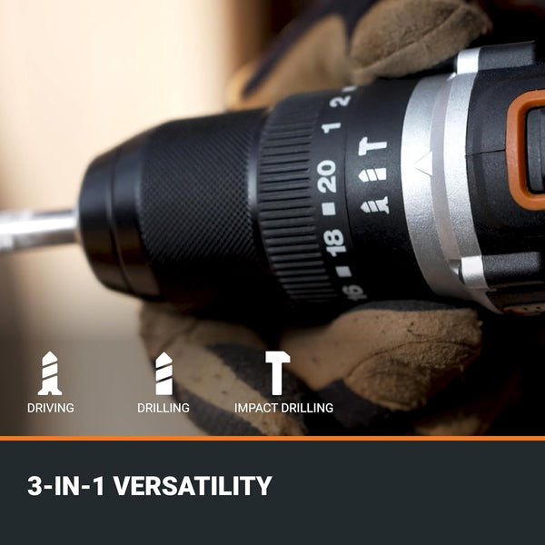 WORX WX355.1 20V 55Nm Cordless Brushless Combi Hammer Impact Drill with 2.0Ah Battery, Charger & Case (20 Torque Settings)
