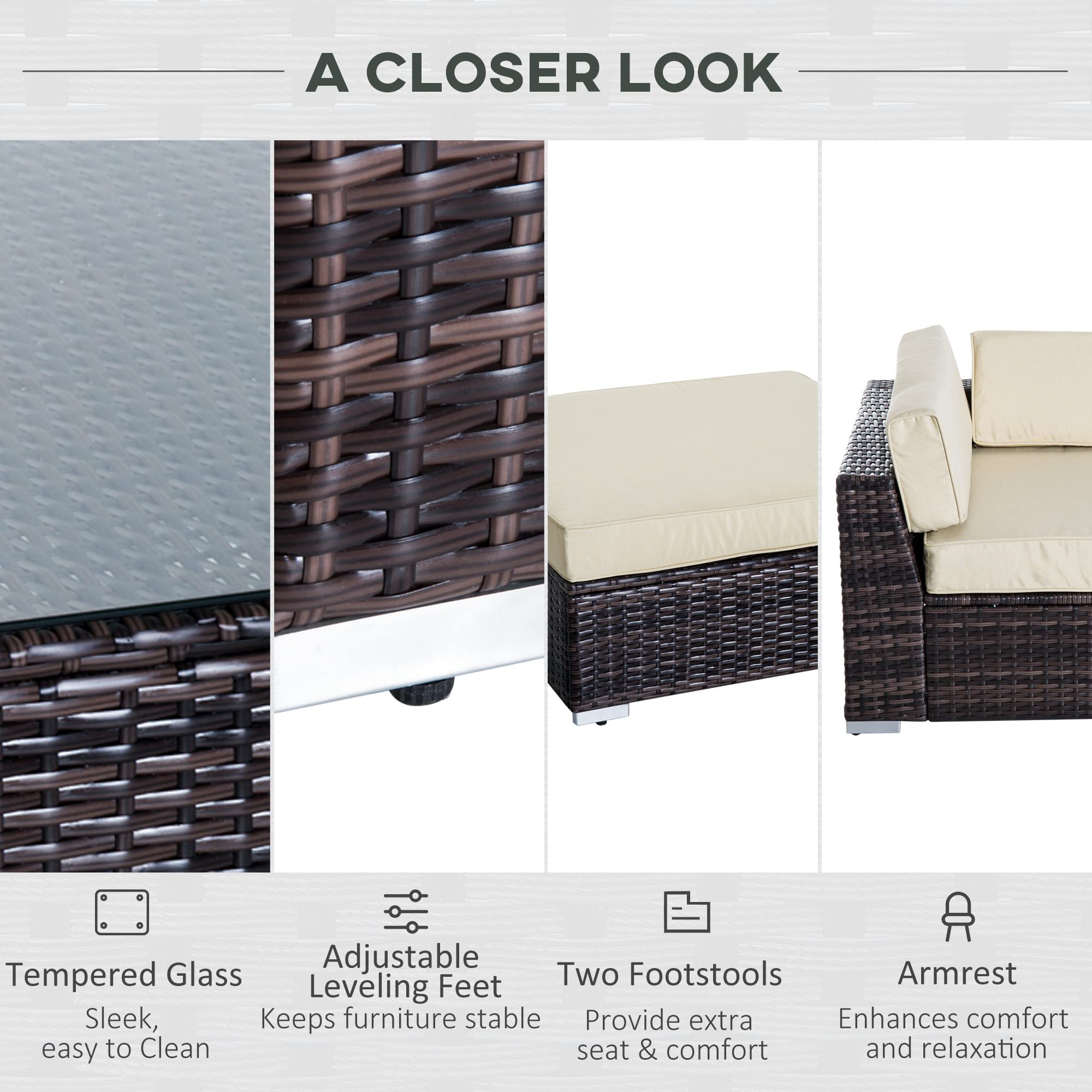 Outsunny 6 Pieces Rattan Garden Furniture Set, 5 Seater Garden Sofa Set with Thickened Cushions, Glass Top Coffee Table and Ottomans, Outdoor Sectional Conservatory Furniture with Pillows, Grey