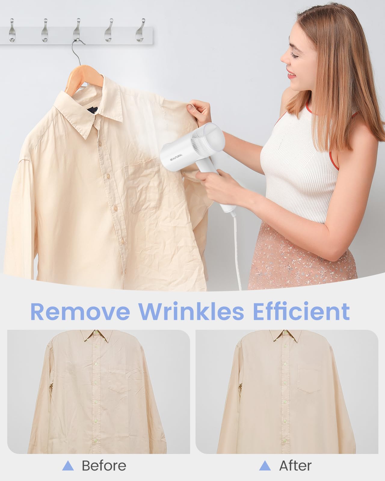 BEAUTURAL Clothes Steamer, Foldable Handheld Clothing Wrinkles Remover for Garments, Portable Mini Fabric Steam Iron for Home and Travel (White)