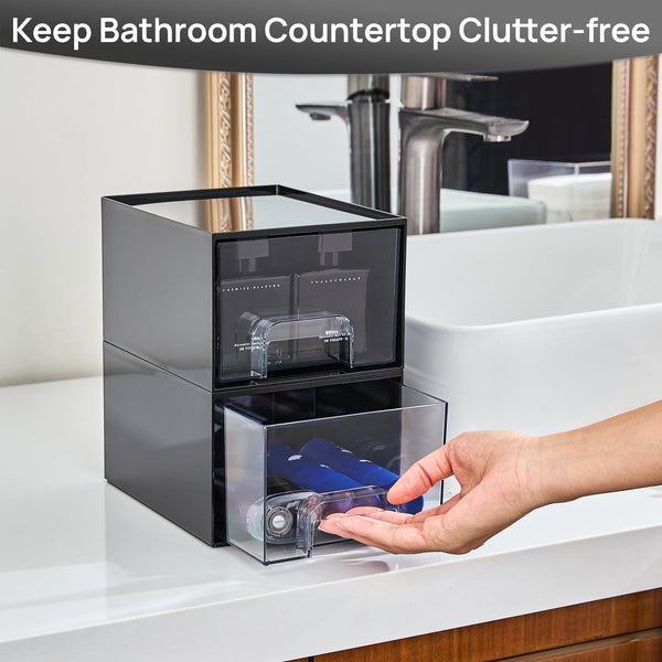 Vtopmart 4 pack Clear Stackable Storage Drawer, 4.4 Inch Tall Acrylic Bathroom Makeup Organiser, Plastic Storage box for Vanity, Under Sink, Kitchen Cupboard, Pantry, Home Organization