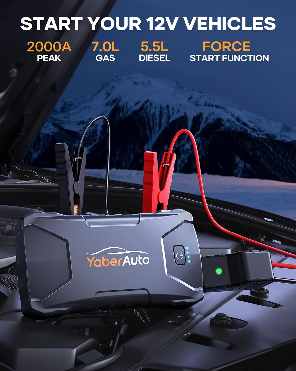 YABER YaberAuto YA80 J‎ump Starter Power Pack 2000A 13800mAh Car Battery Booster Jump Starter,Car Jump Starter for 5.5L Diesel or 7L Petrol Engines, Portable Jump Pack with Jump Leads,LED Flashlight,USB C Input