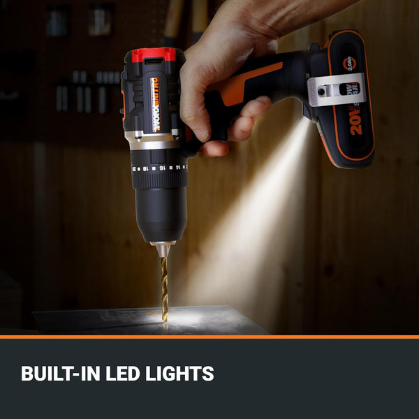 WORX WX355.1 20V 55Nm Cordless Brushless Combi Hammer Impact Drill with 2.0Ah Battery, Charger & Case (20 Torque Settings)