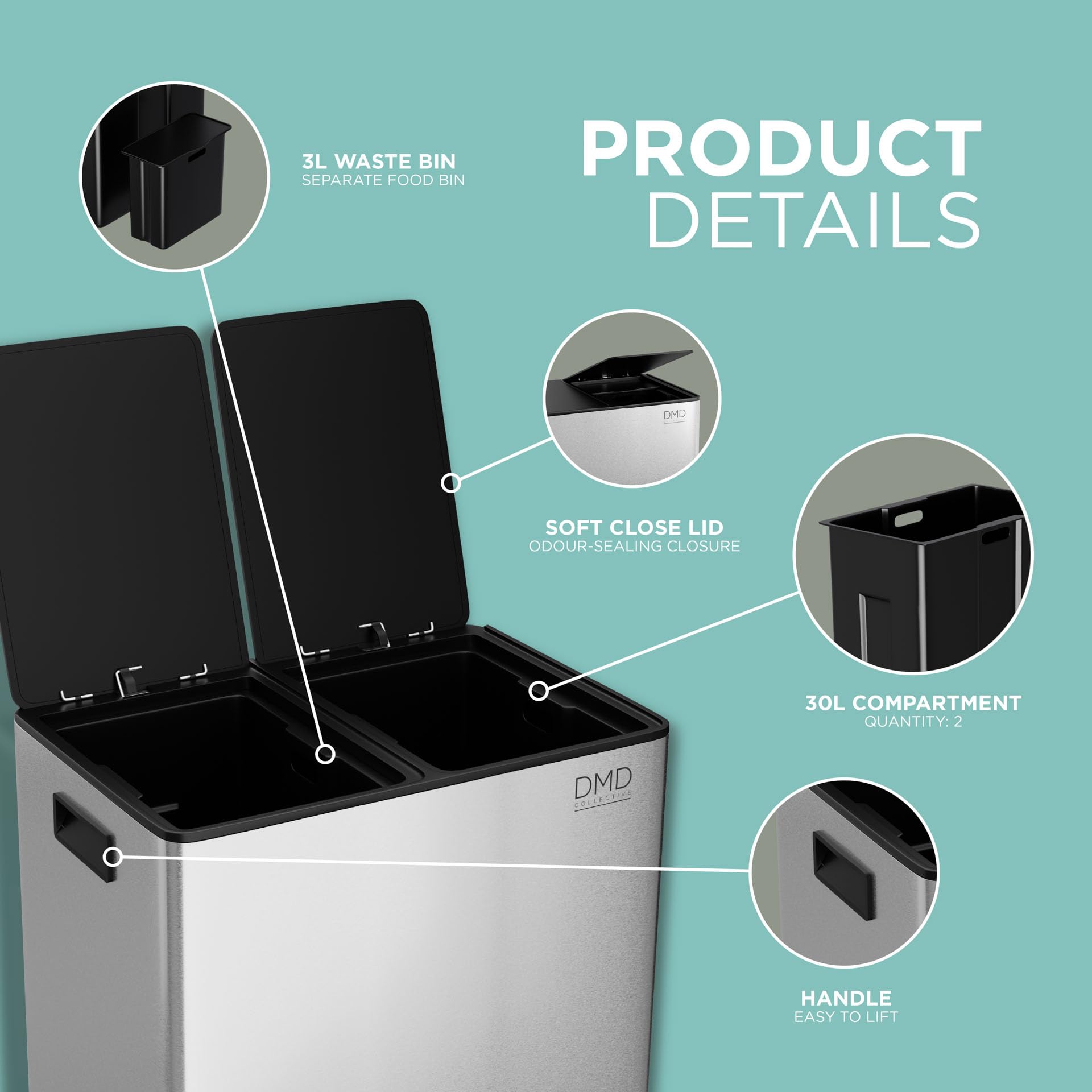 DMD | 60L Dual Stainless Steel Rubbish Bin, 2 x 30L Removable Recycling Bins | 3L Compost Bin Included, Soft Closure, Easy Clean, Metal Pedals,