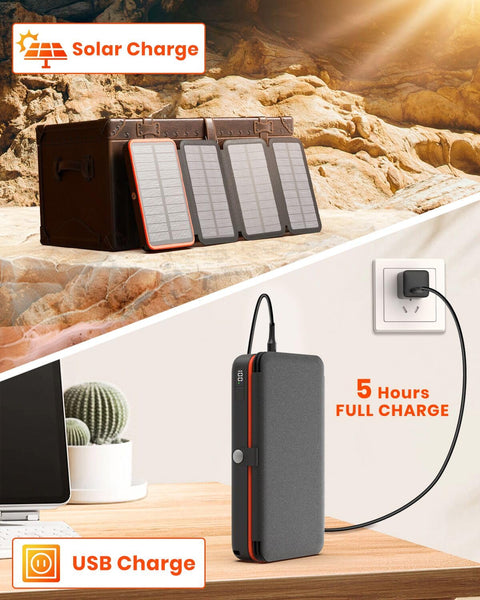 Paloceru Solar Power Bank 26800mAh - Portable Solar Charger with 4 Foldable Panels – PD QC 3.0 Fast Charging Battery Bank with USB C Output/Input - Outdoor Battery Pack with Flashlight for Camping
