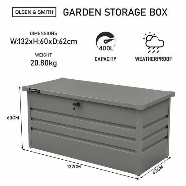 Olsen & Smith 1000L Extra Large XL Metal Outdoor Garden Storage Box - Weather Resistant Heavy Duty Garden Box with Built In Lock - Massive Capacity Storage Chest for Tools Cushions Toys & More, Grey
