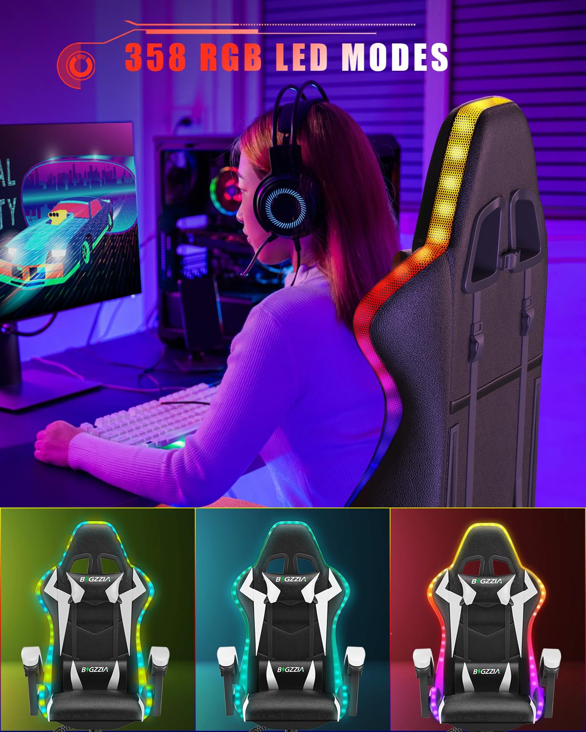 Racingreat Gaming Chair with Led Lights, Video Game Chair, Ergonomic RGB Gaming Chair for Adults, Height Adjustable Reclining Computer Chair with Headrest and Lumbar Support (With RGB, Black)