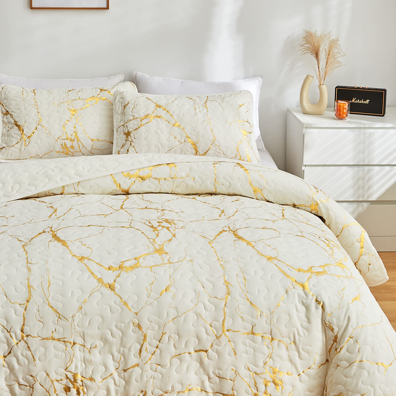 HAVOP Bedspread King Size Set Beige Quilted Bedspreads Luxury Gold Marble Printed Beige Ivory Soft Microfiber Lightweight Bedspread Coverlet All