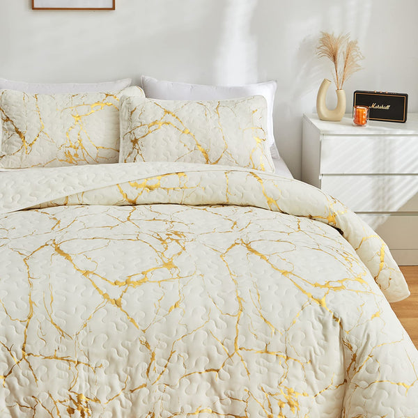 HAVOP Bedspread King Size Set Beige Quilted Bedspreads Luxury Gold Marble Printed Beige Ivory Soft Microfiber Lightweight Bedspread Coverlet All