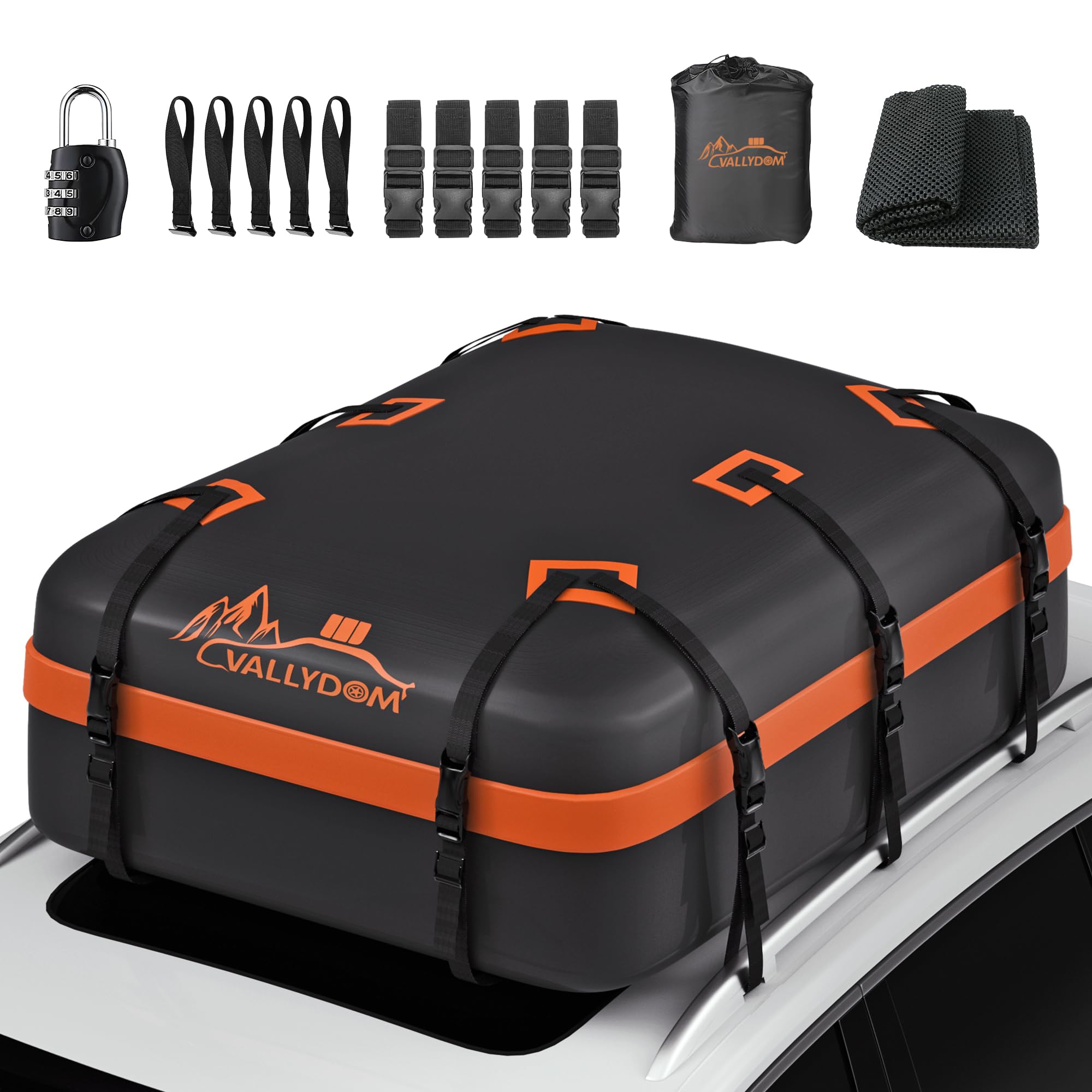 VALLYDOM Car Roof Bag 20 Cubic/560 L, 1680D PVC Waterproof Roof Bag No Need Rack, Roof Box with Anti Slip Pad, 6 Heavy-Duty Straps and Password Lock, Folding Soft Roof Bag for Cars with/Without Rack