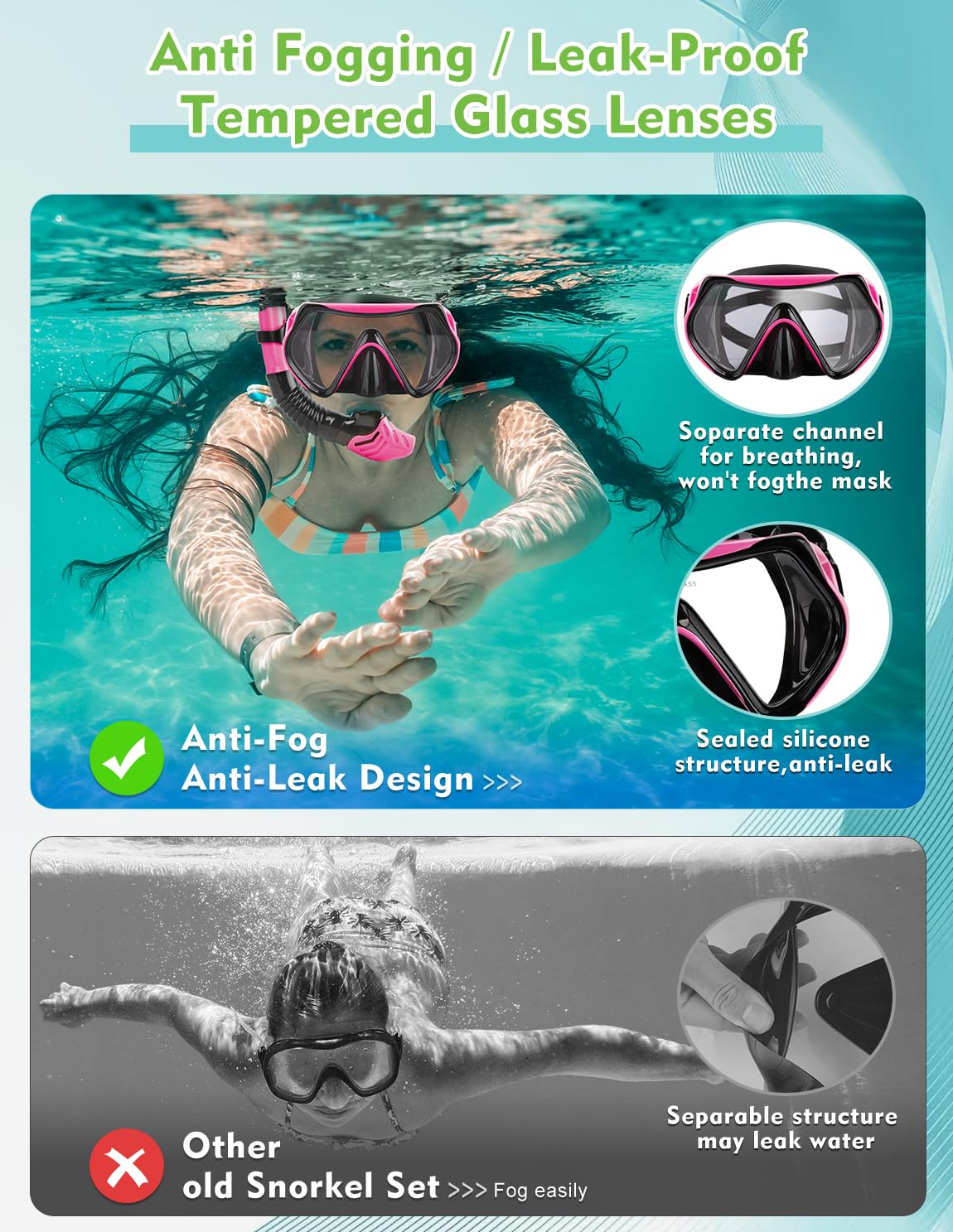 Hydomi Snorkel Set Adults 180° Panoramic Anti-Fog Snorkel Mask with Dry Top Valve, Leak-Proof Tempered Glass Diving Set for Swimming Snorkeling, Travel-Friendly Kit with Adjustable Straps