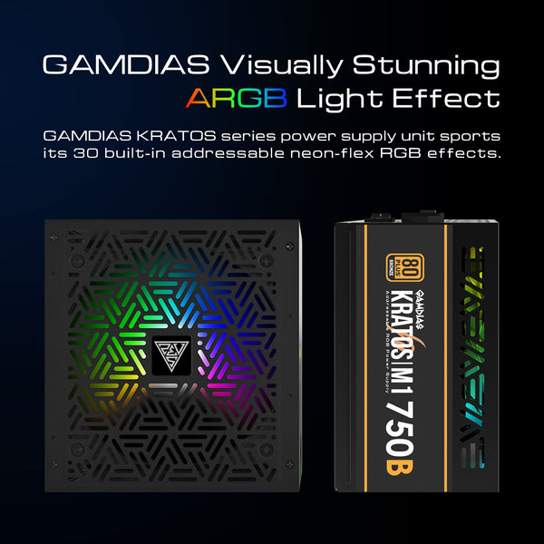 GAMDIAS 750W UK PSU Power Supply for ATX PC Computer, 80+ Plus Bronze, Non-Modular, MB Sync ARGB, Built-in 30 Light Effects, Low Noise PWM Fan, Black
