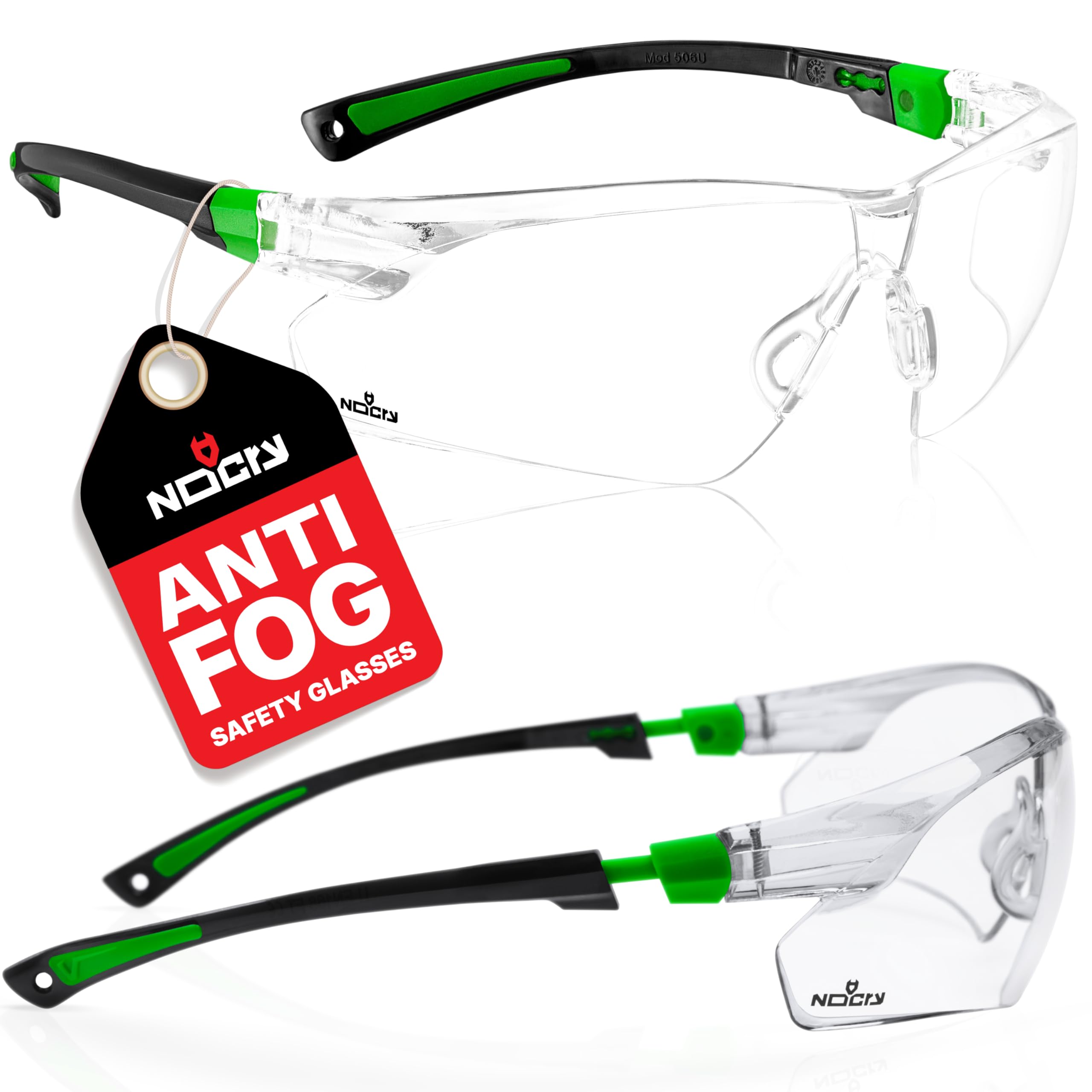 NoCry Clear Safety Glasses for Work with Anti Fog Scratch Resistant Wrap-Around Lenses and Non-Slip Grips, UV Protection. Adjustable Eye Protection Cycling and Squash Glasses with Black & Green Frames
