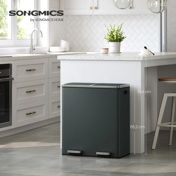 SONGMICS Dual Rubbish Bin, 2 x 30 L Recycling Bin with 15 Rubbish Bags, 2-Compartment Metal Pedal Bin with Lids and Plastic Inner Buckets, Soft Closure, Slate Grey LTB060G01