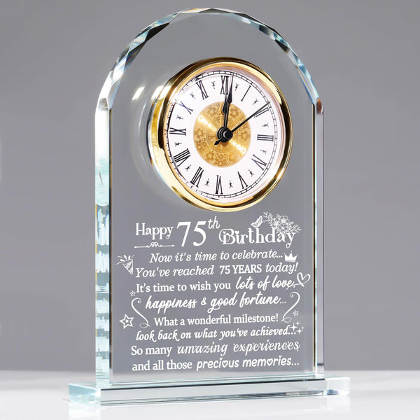 Happy 75th Birthday Quartz Clock Gifts for Women Men, Glass Keepsake Happy 75th Birthday Presents for Her Turning 75 Years Old Ornament