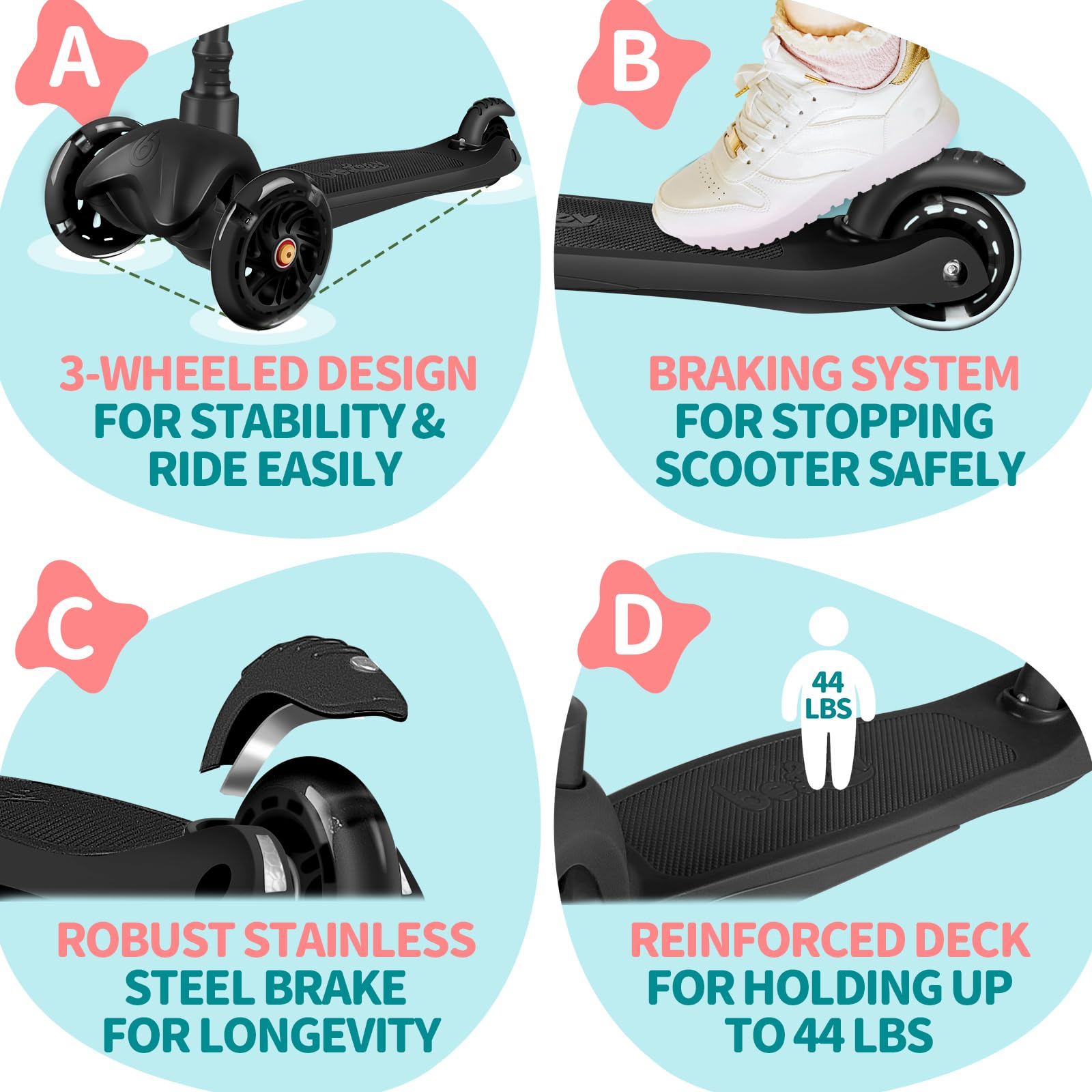 BELEEV Scooter for Kids Ages 2-6, 3 Wheel Scooter for Children Toddlers Girls Boys, Light-Up Wheels, 4 Adjustable Height, Lean to Steer, Non-Slip