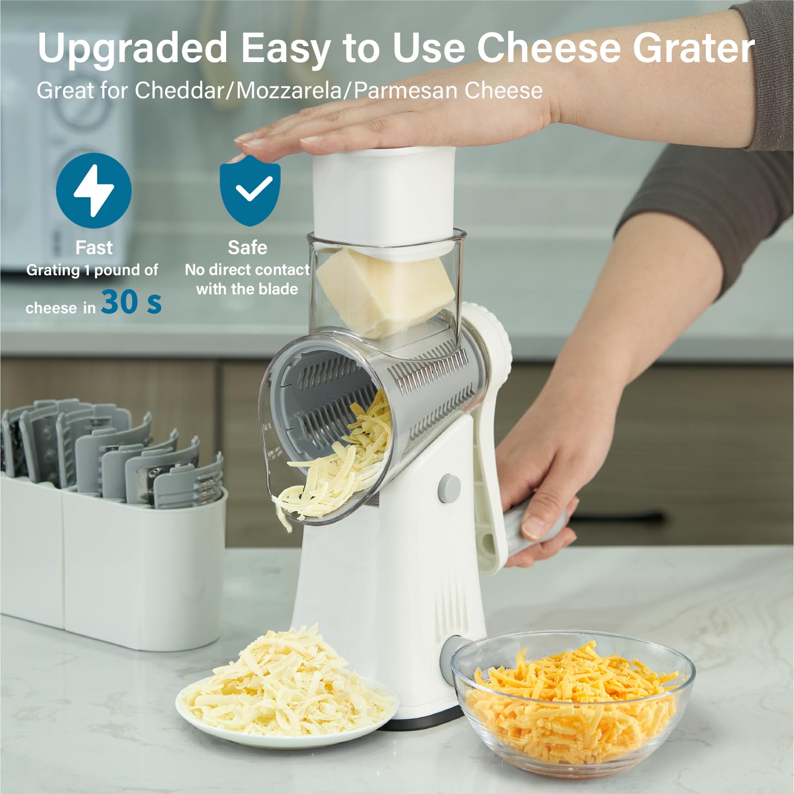 ALEXPHY Rotary Cheese Grater Hand Crank, 5-in-1 Rotary Cheese Grater, Stronger Suction, Easy to Clean Grater for Fruit, Vegetables, Nuts, White