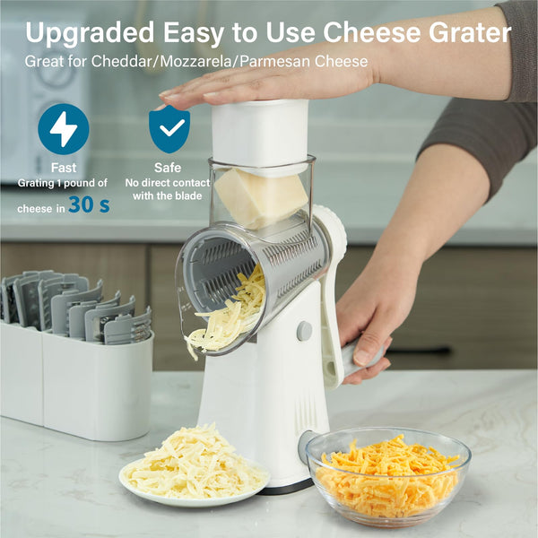 ALEXPHY Rotary Cheese Grater Hand Crank, 5-in-1 Rotary Cheese Grater, Stronger Suction, Easy to Clean Grater for Fruit, Vegetables, Nuts, White