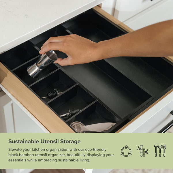 Grehge ustable Kitchen Drawer Organiser for Utensils and Junk, Expandable to 28 Inches Wide, 9 Compartments, 100% Bamboo