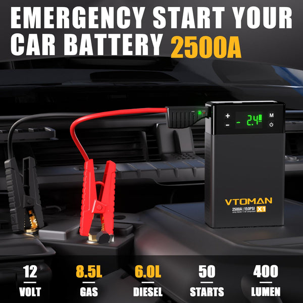 VTOMAN X1 Jump Starter Power pack with Air Compressor 2500A, Portable Car Battery Booster Jump Starter (Up to 8.5L Gas/6.0L Diesel Engines) Jump Pack with 150PSI Digital Tire Inflator