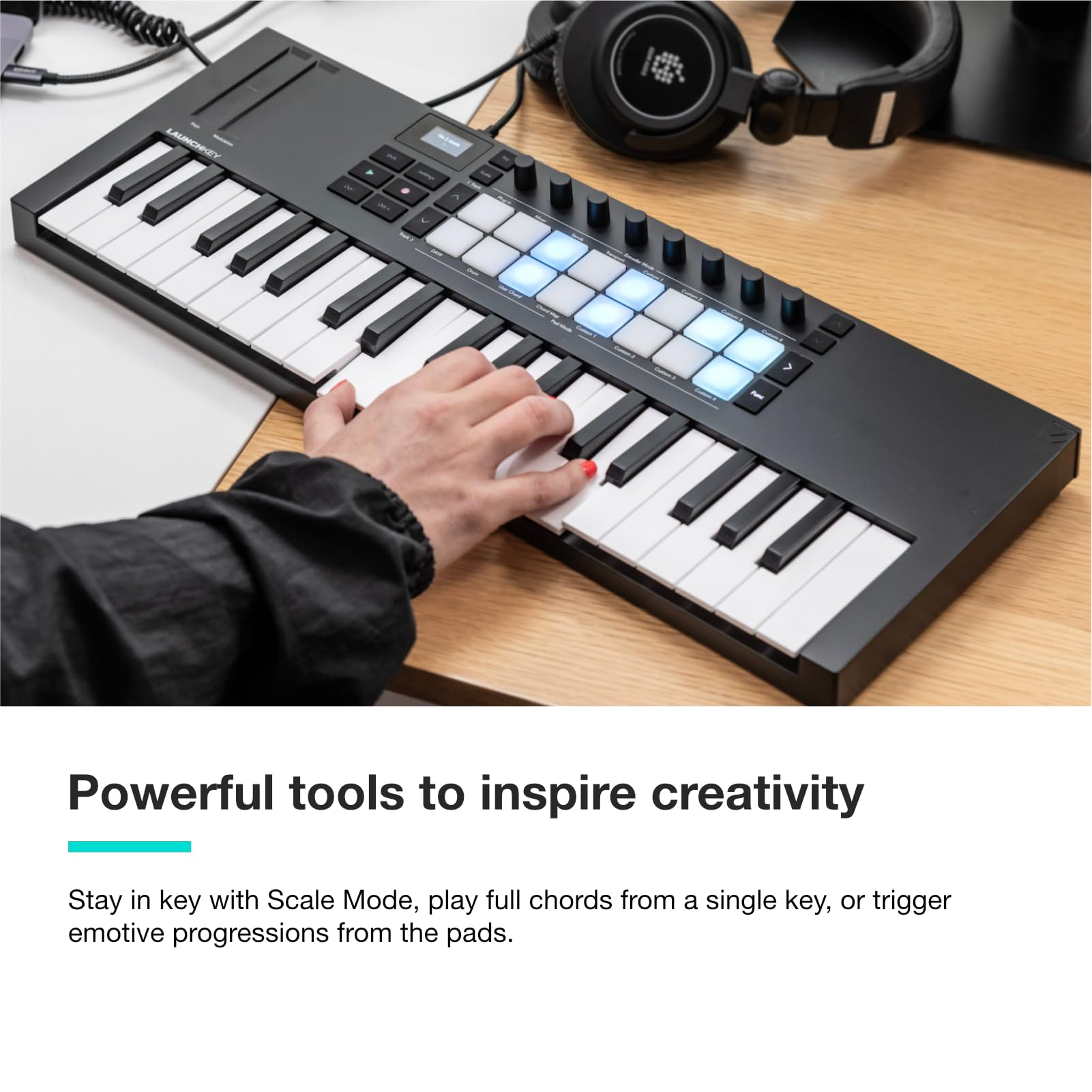 Novation Launchkey Mini 25 [MK4] — Portable 25 Mini-Key, USB, MIDI Keyboard Controller with DAW Integration. Chord Mode, Scale Mode, Drum Pads, and Arpeggiator. Includes Music Creation Software Bundle