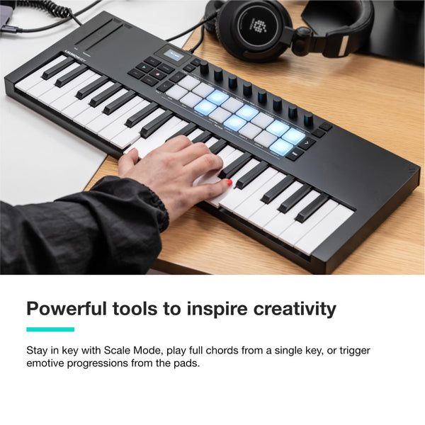 Novation Launchkey Mini 25 [MK4] — Portable 25 Mini-Key, USB, MIDI Keyboard Controller with DAW Integration. Chord Mode, Scale Mode, Drum Pads, and Arpeggiator. Includes Music Creation Software Bundle