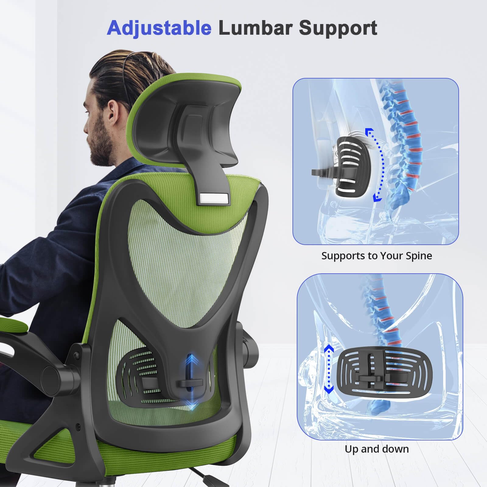 Office Chair - Ergonomic Desk Chair with Lumbar Support Headrest Adjustable, Padded Flip-up Armrests Comfy Seat Cushion High Back Executive Manager Chair For Home Office