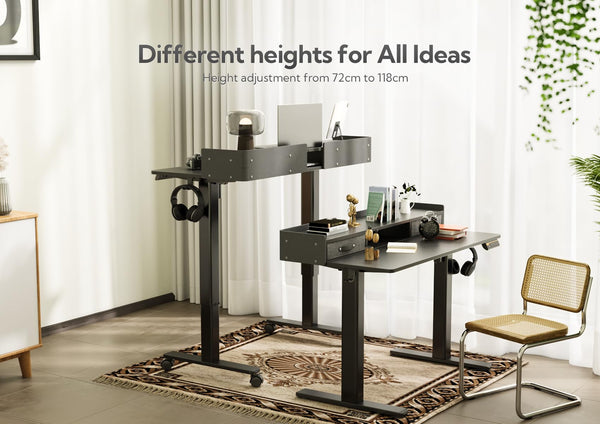 Claiks Electric Standing Desk with Drawers, 120x60cm Height Adjustable Desk with Storage Shelf and Splice Board, Stand Up Desk for Home Office, White Frame/Maple Top